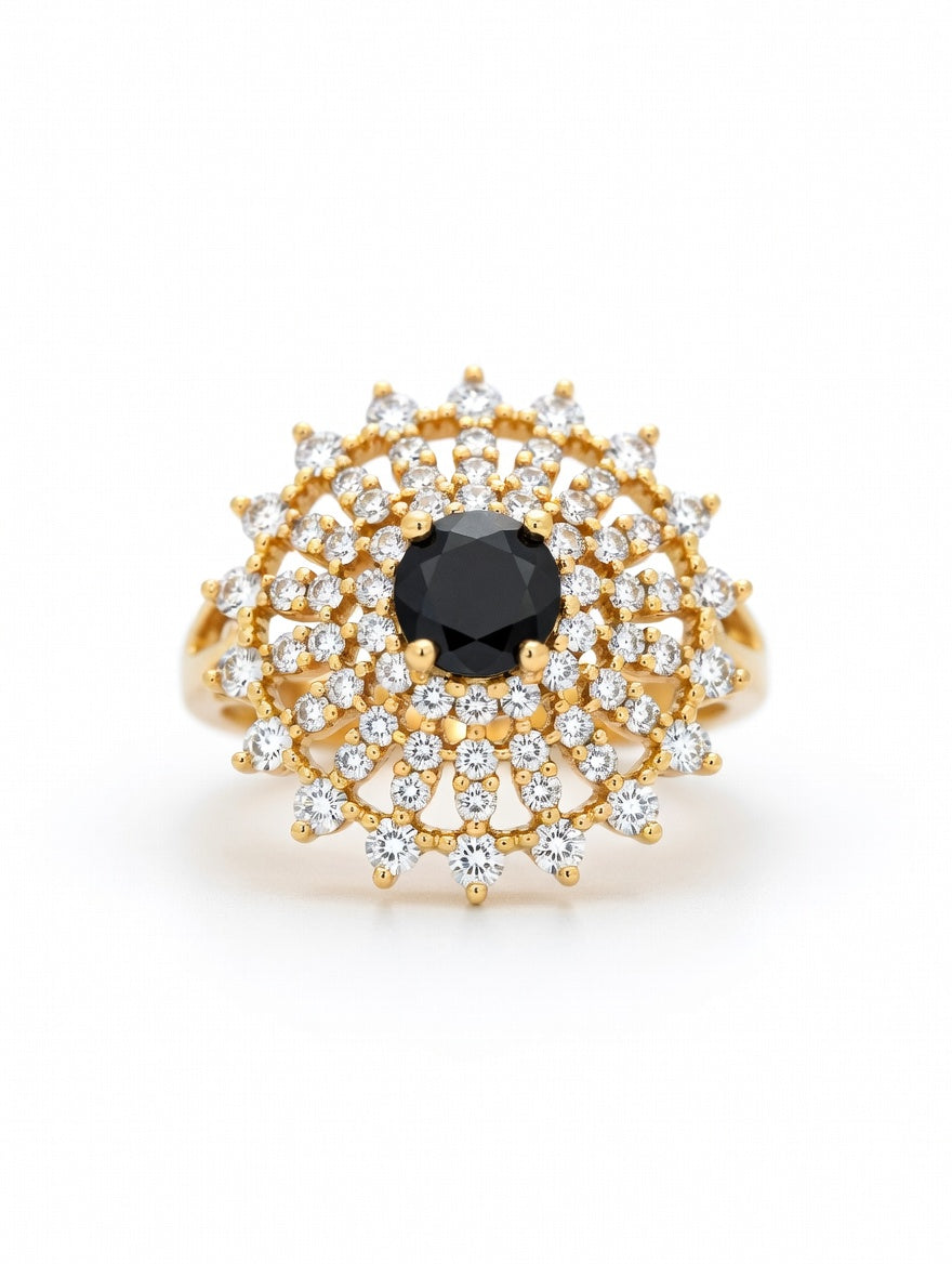 Ashir Studio Midnight Sunburst Onyx Halo Ring in 18K gold plating, featuring a bold black onyx center and intricate halo design.