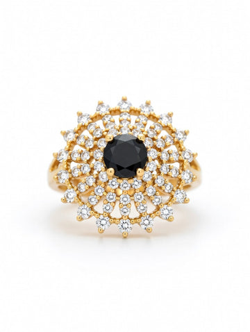 Ashir Studio Midnight Sunburst Onyx Halo Ring in 18K gold plating, featuring a bold black onyx center and intricate halo design.