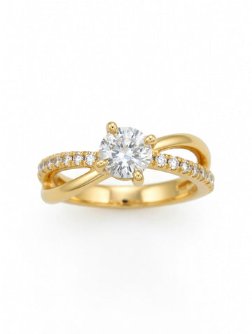 Round moissanite crossover ring in 18K yellow gold plating, showcasing elegant jewelry design with sparkling gemstones.