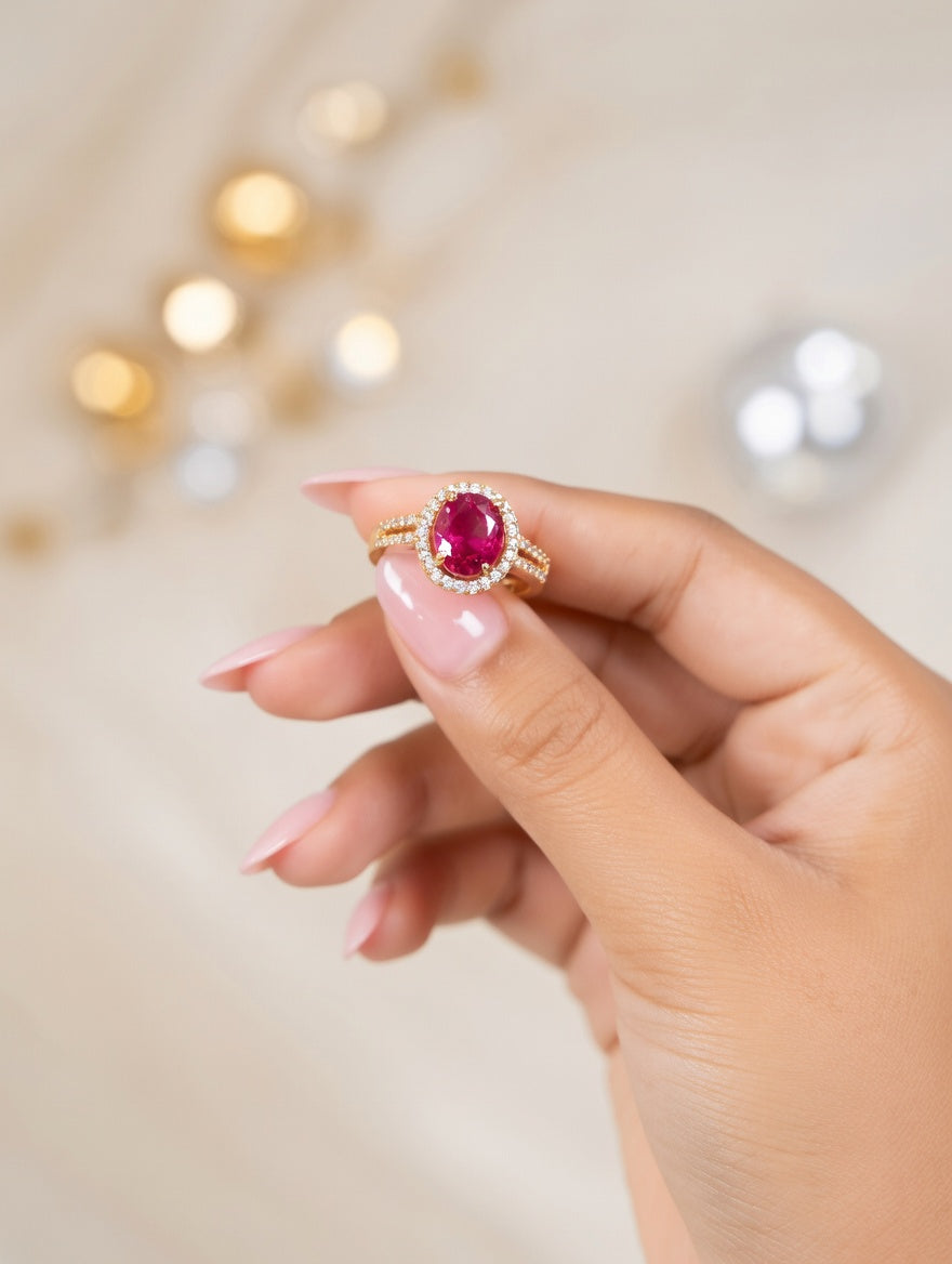 Ashir Studio Ruby Rose crystal halo ring with split pave band, showcasing sparkling gemstones and elegant jewelry design.