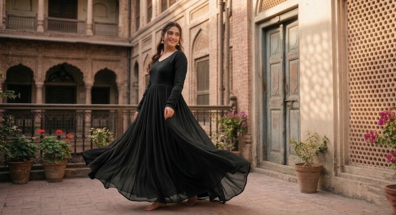 Bright Royal Anarkali flare dress by Ashir Studio featuring intricate embroidery and a flowing silhouette.