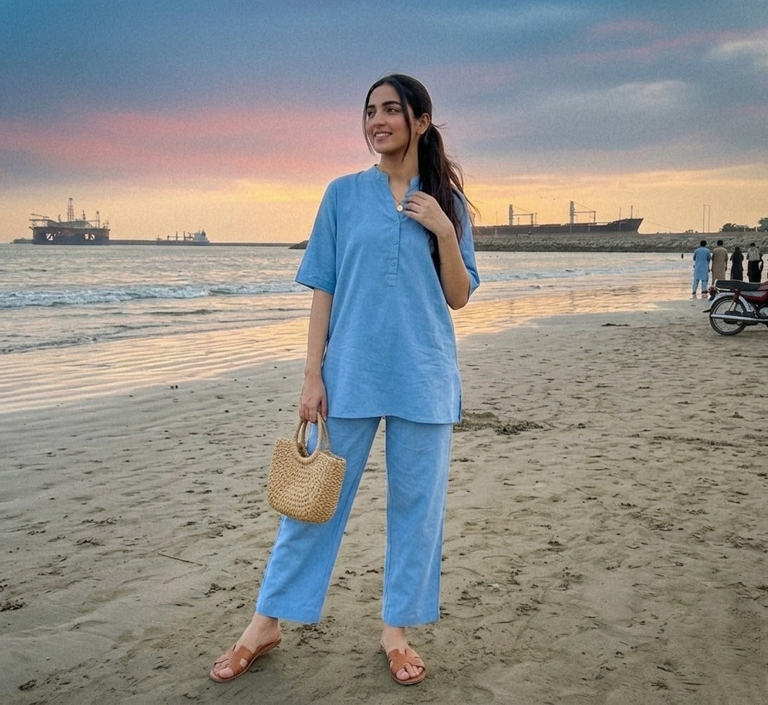 Ashir Studio Coastal Breeze co-ord set featuring a matching top and pants in light, breezy fabric, perfect for casual wear.