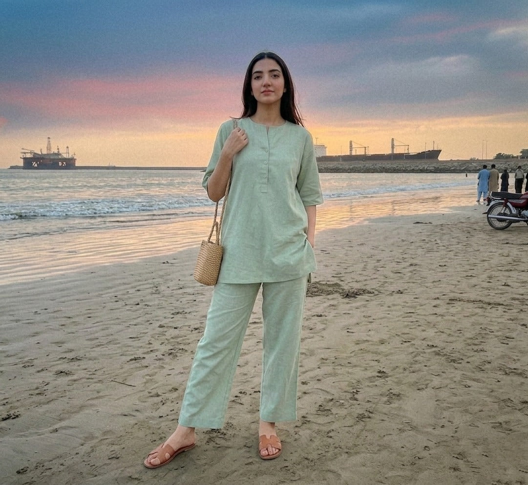 Ashir Studio Coastal Breeze co-ord set featuring a matching top and pants in lightweight fabric, perfect for casual wear.