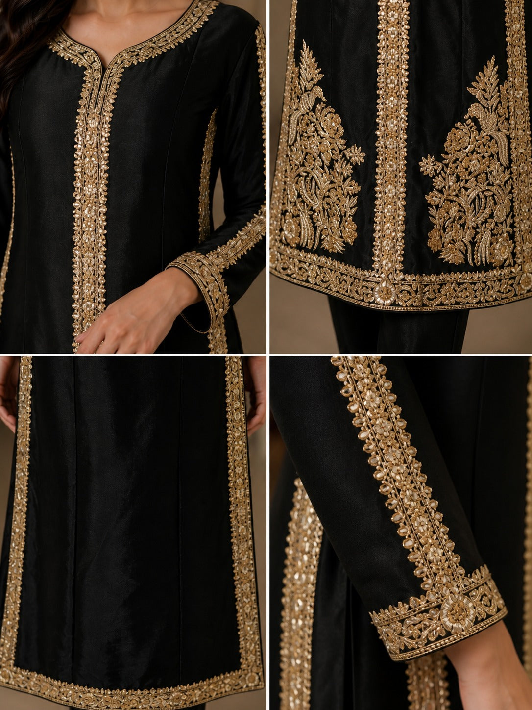 Elegant black and gold Tilla work long kurta by Ashir Studio, showcasing intricate embroidery and traditional design.