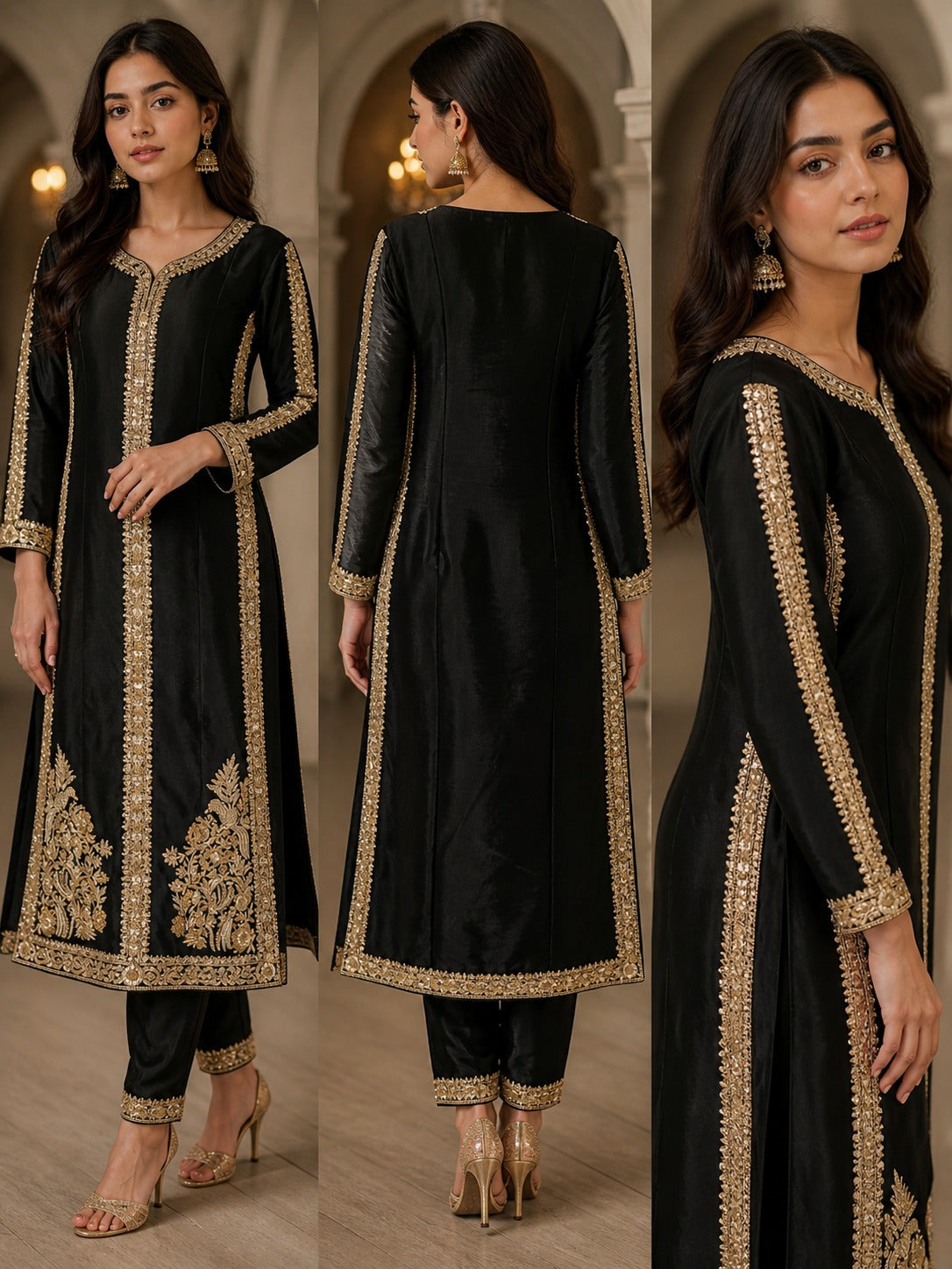 Black and gold Tilla work long kurta by Ashir Studio, featuring intricate embroidery and elegant design, displayed on a hanger.