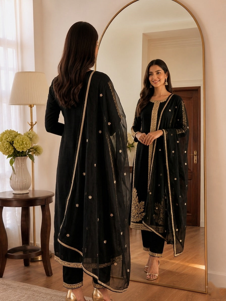 Elegant black and gold Tilla work long kurta by Ashir Studio featuring intricate embroidery and traditional design.