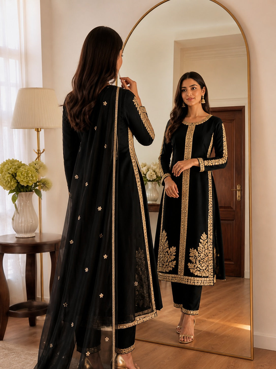 Elegant black and gold Tilla work long kurta by Ashir Studio, featuring intricate embroidery and a graceful fit.