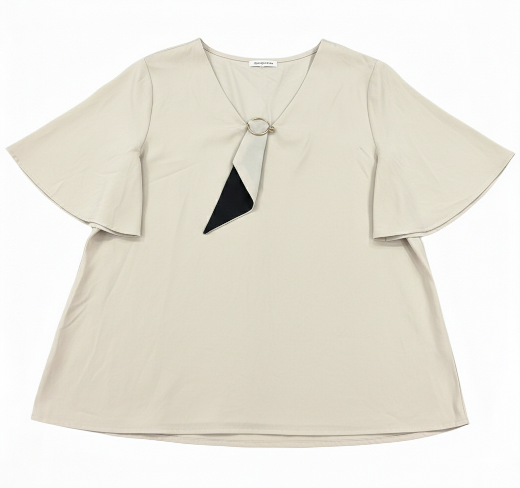 Beige flutter-sleeve top from Ashir Studio featuring soft fabric and stylish design, shown on a hanger against a plain background.