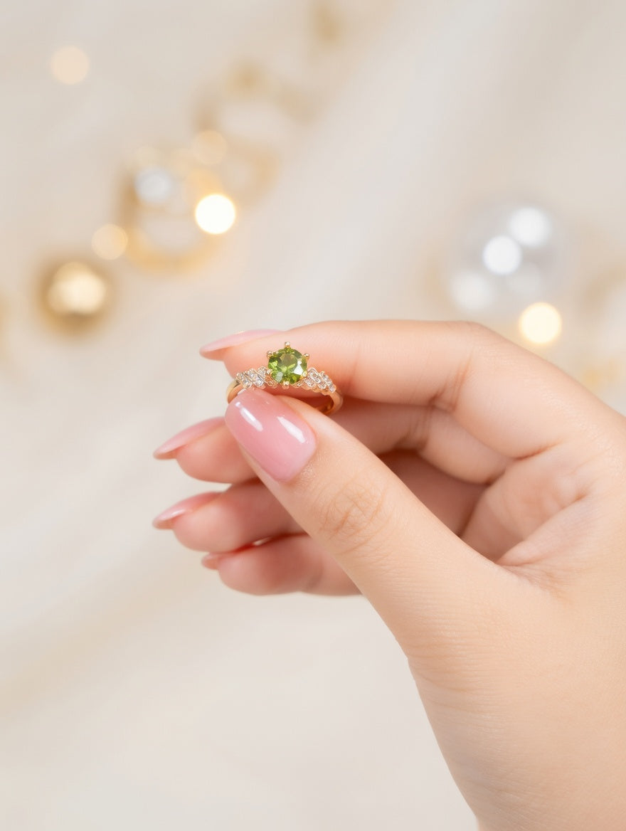 Olive green zirconia statement ring in 18K gold plating from Ashir Studio, tarnish-free jewelry with a bold, elegant design.