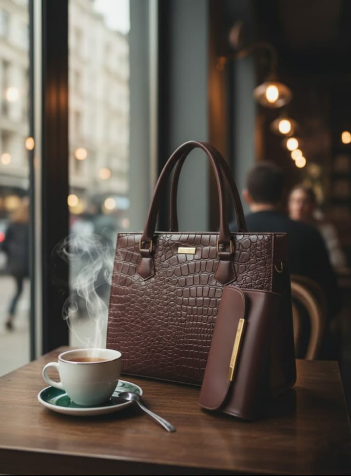 Ashir Studio croco-textured handbag and wallet collection featuring stylish jewelry accessories with a luxurious finish.