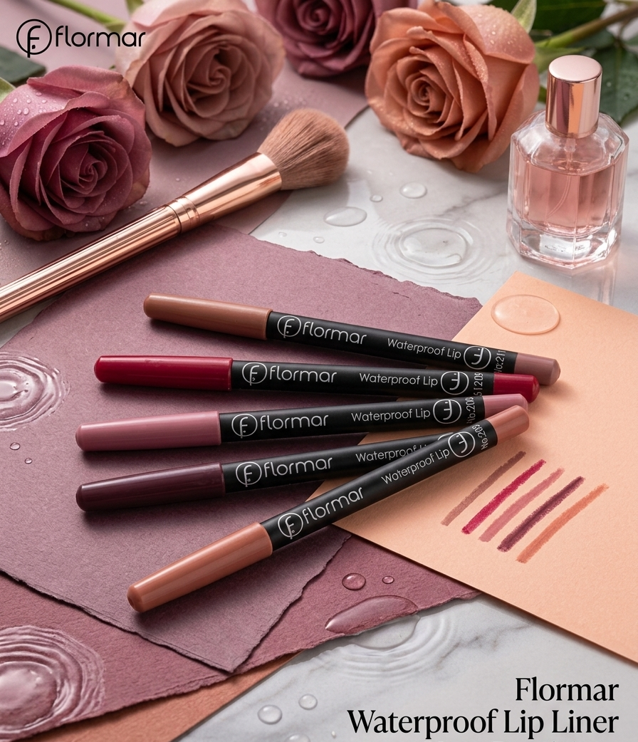 Ashir Studio Flormar waterproof lipliner in a sleek pencil form, shown with a close-up of the tip highlighting smooth, precise application.
