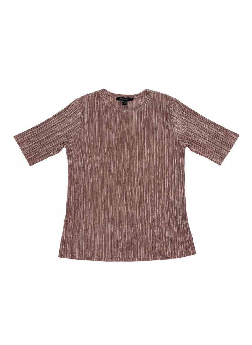 Mauve Mist Pleated Tee by Ashir Studio, lightweight fabric with pleated design, shown on a hanger against a neutral background.