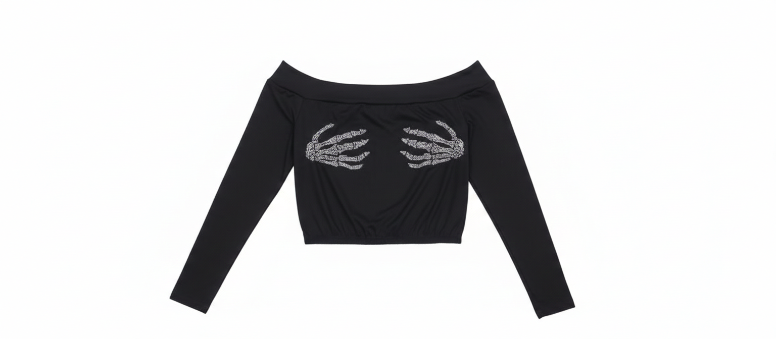 Midnight Skeleton Bardot jewelry by Ashir Studio featuring a silver skeleton design on a black background.