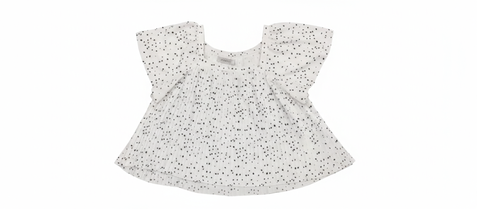 Ashir Studio Cloud Speckle Puff-Sleeve Top shown on a hanger with soft fabric and puffed sleeves, featuring a cloud speckle pattern.