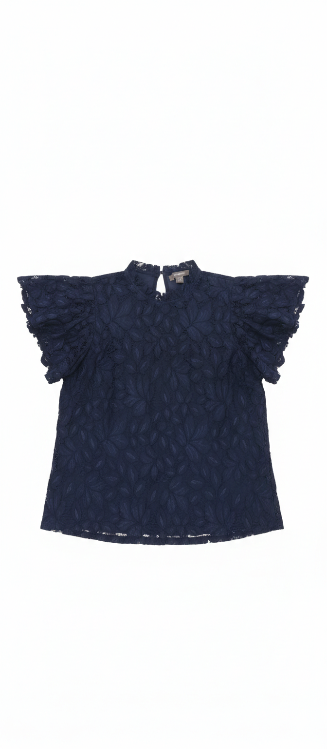 Ashir Studio Sapphire Bloom Lace Top featuring intricate lace details and a delicate floral pattern on a soft fabric background.