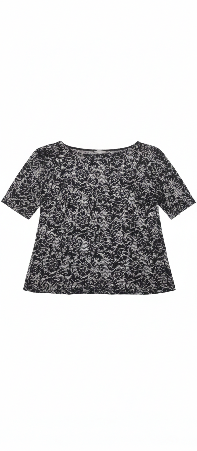 Black lace evening top by Ashir Studio, detailed close-up of the elegant lace fabric and classic neckline design.