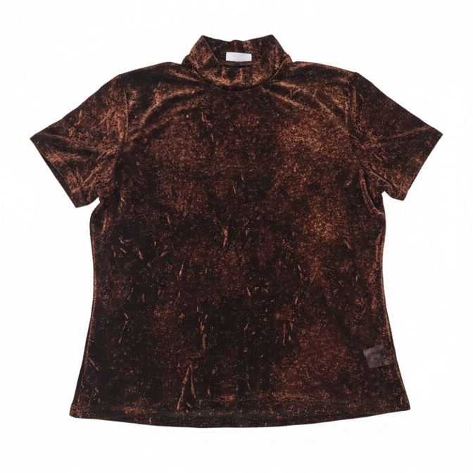 Close-up of Ashir Studio bronze velvet mock neck top showing soft fabric and elegant neckline detail.
