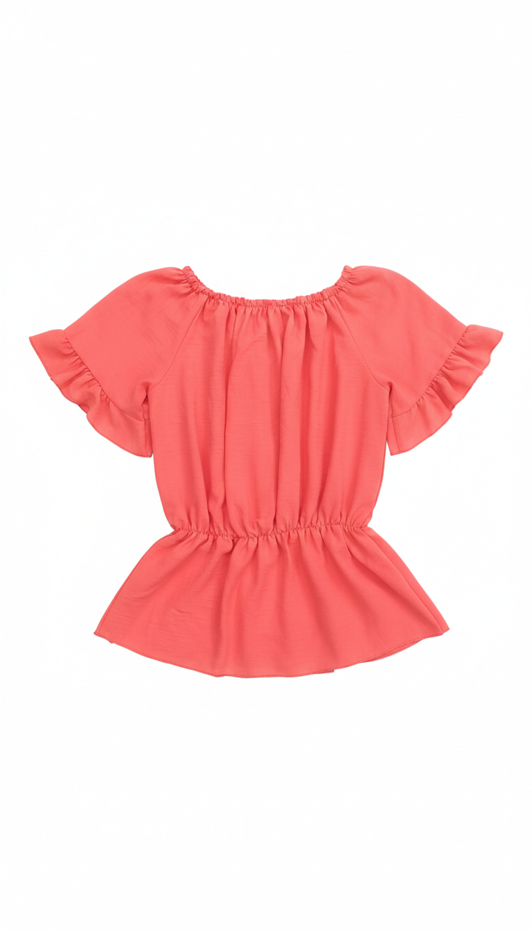 Bright coral peplum top by Ashir Studio, featuring a fitted bodice and flared hem, displayed on a white background.