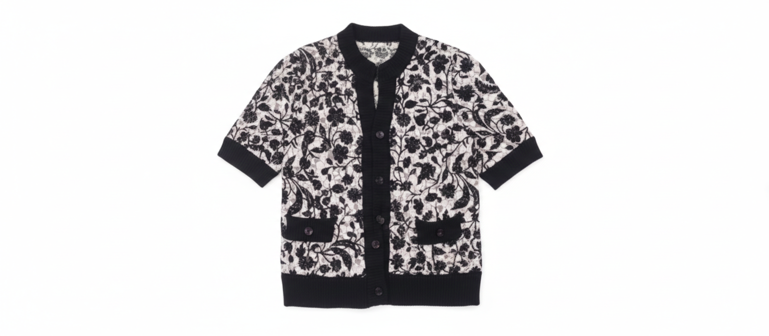 Ashir Studio monochrome floral cardigan displayed on a model, featuring a lightweight knit with floral pattern and long sleeves.