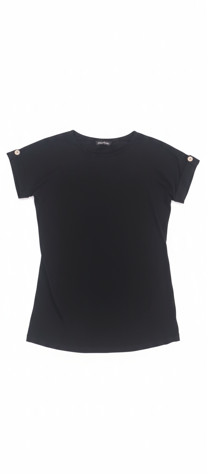 Black short shirt from Ashir Studio, casual clothing item, shown laid flat with short sleeves and front button details.