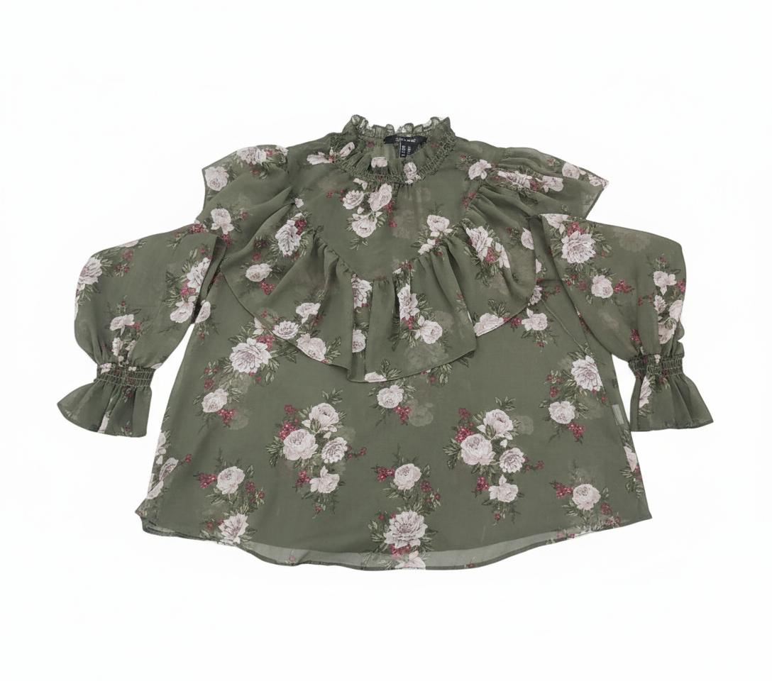Ashir Studio floral ruffle shirt with vibrant patterns, lightweight fabric, and ruffled detailing on the collar and sleeves.