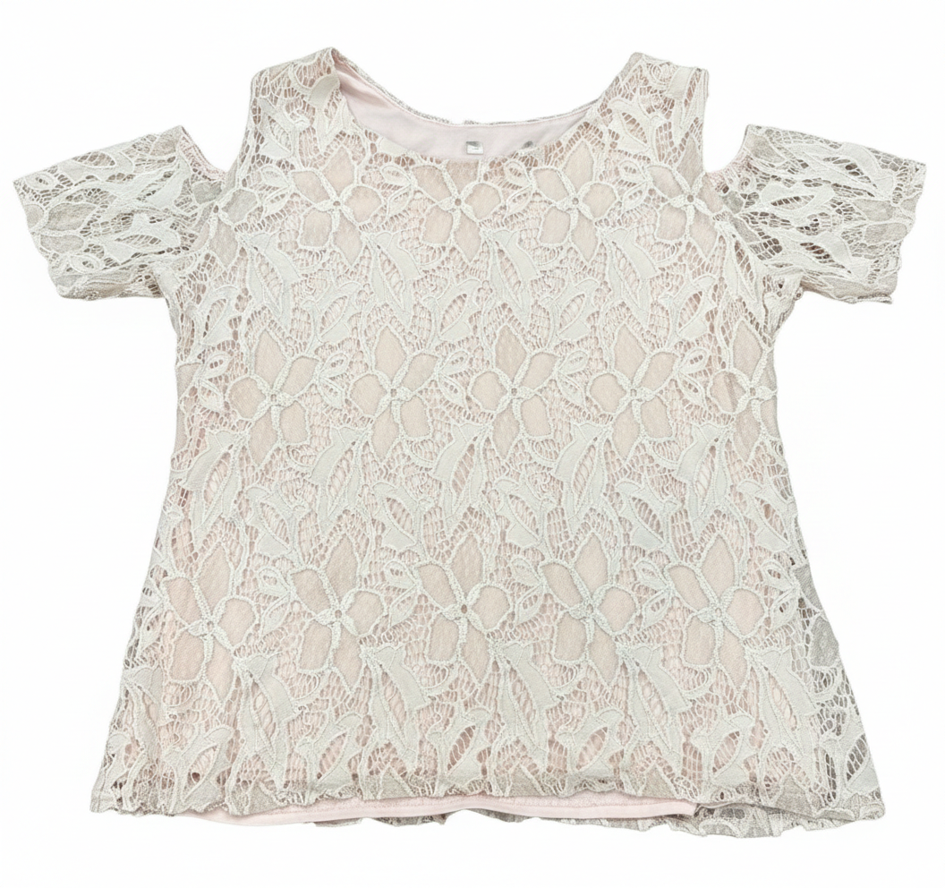 Cold-shoulder floral lace blouse by Ashir Studio featuring delicate lace details and vibrant floral patterns.