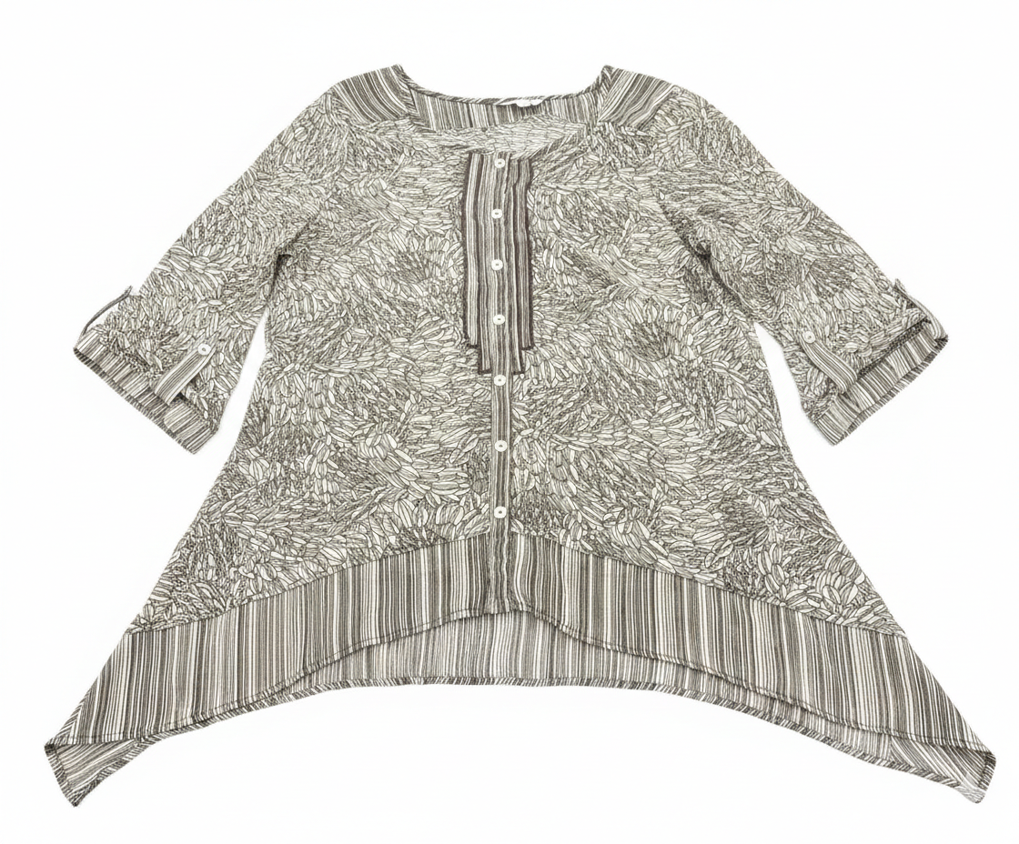 Printed high-low button-down tunic by Ashir Studio featuring colorful patterns and flowing fabric, styled for casual wear.