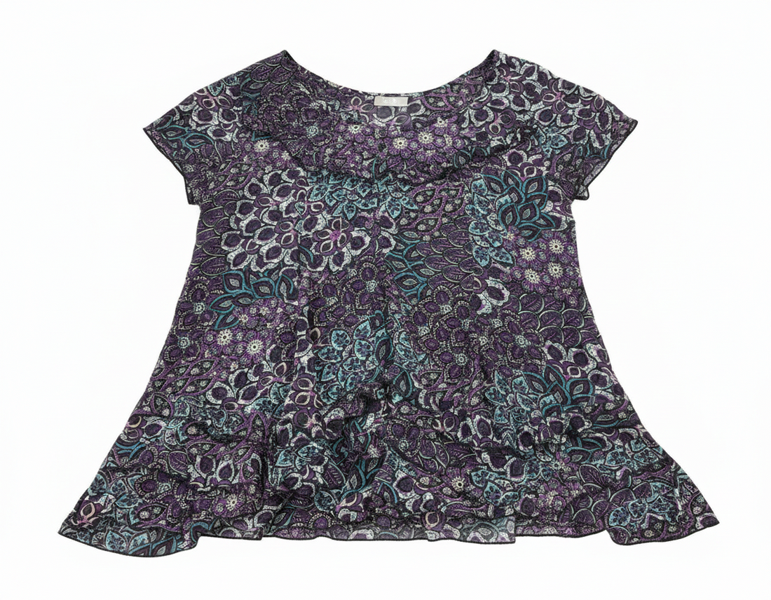 Floral tiered ruffle blouse by Ashir Studio, showing lightweight fabric with layered ruffles and floral pattern on a model.