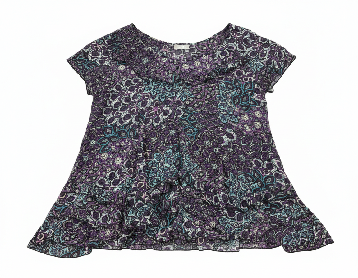 Floral tiered ruffle blouse from Ashir Studio featuring layered fabric and floral print, displayed on a hanger.