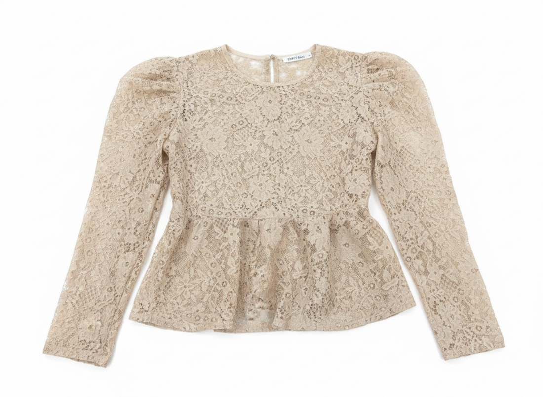 Long-sleeve lace peplum blouse by Ashir Studio featuring intricate lace details and a fitted peplum silhouette.