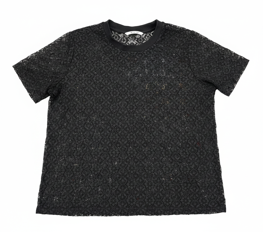 Black short-sleeve lace T-shirt by Ashir Studio, featuring delicate lace details and a casual fit.