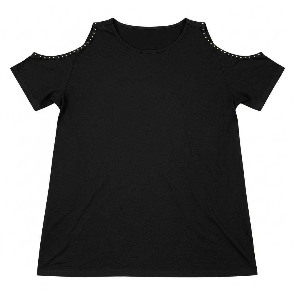 Black onyx studded cold-shoulder tee by Ashir Studio, featuring a casual fit with stylish stud accents on the shoulders.