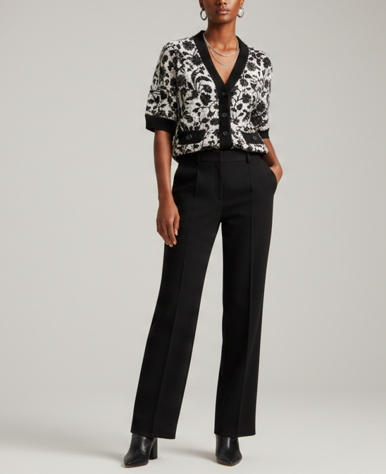 Model wearing Ashir Studio monochrome floral cardigan, showcasing lightweight knit with floral pattern and open front design.