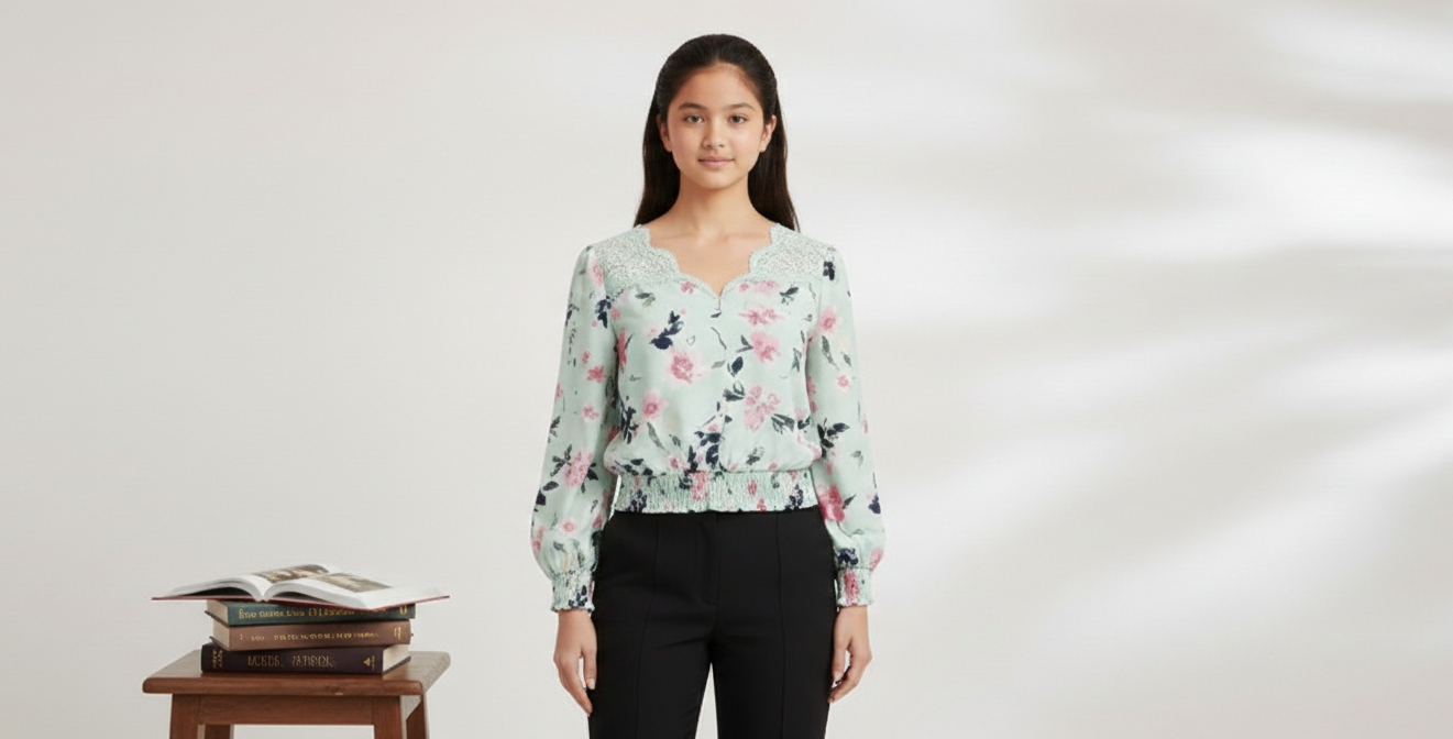 Model wearing the Blossom Breeze Blouse by Ashir Studio, showcasing the lightweight, flowy fabric and floral design.