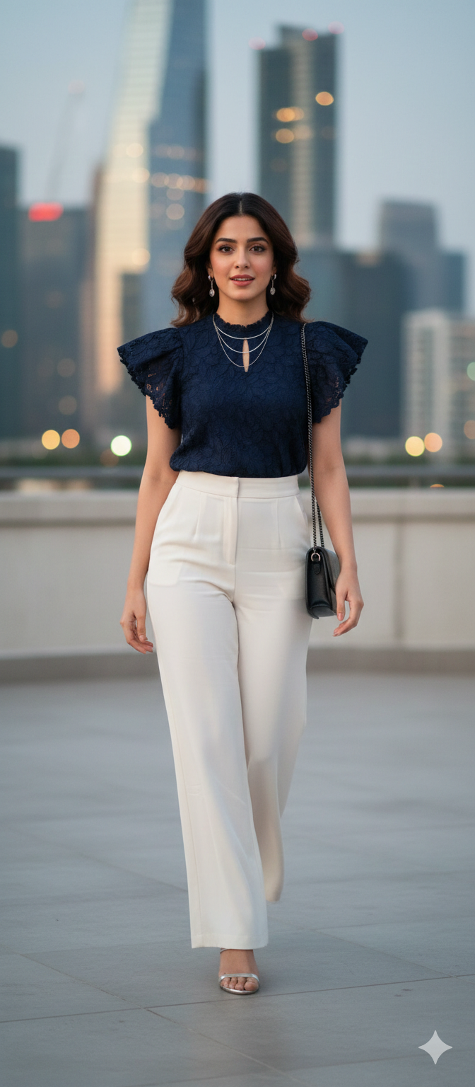 Model wearing Ashir Studio Sapphire Bloom Lace Top, showcasing the detailed lace fabric and elegant fit.