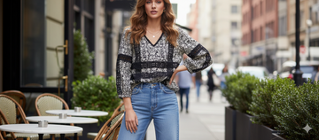 Model wearing Ashir Studio Florence floral printed bloom top with vibrant floral pattern on lightweight fabric.