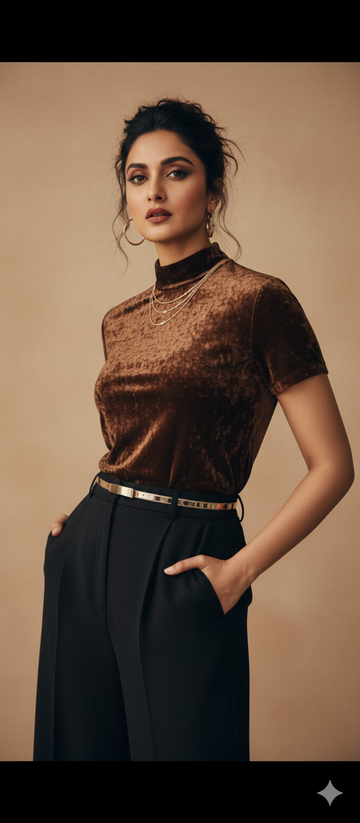 Bronze velvet mock neck top by Ashir Studio featuring a close-up of the fabric and neckline detail.