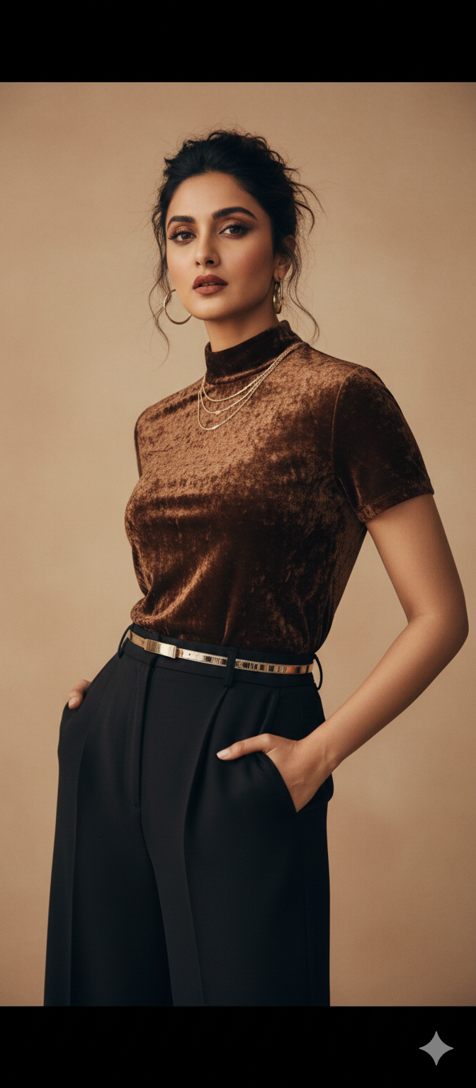 Bronze velvet mock neck top by Ashir Studio featuring a close-up of the fabric and neckline detail.