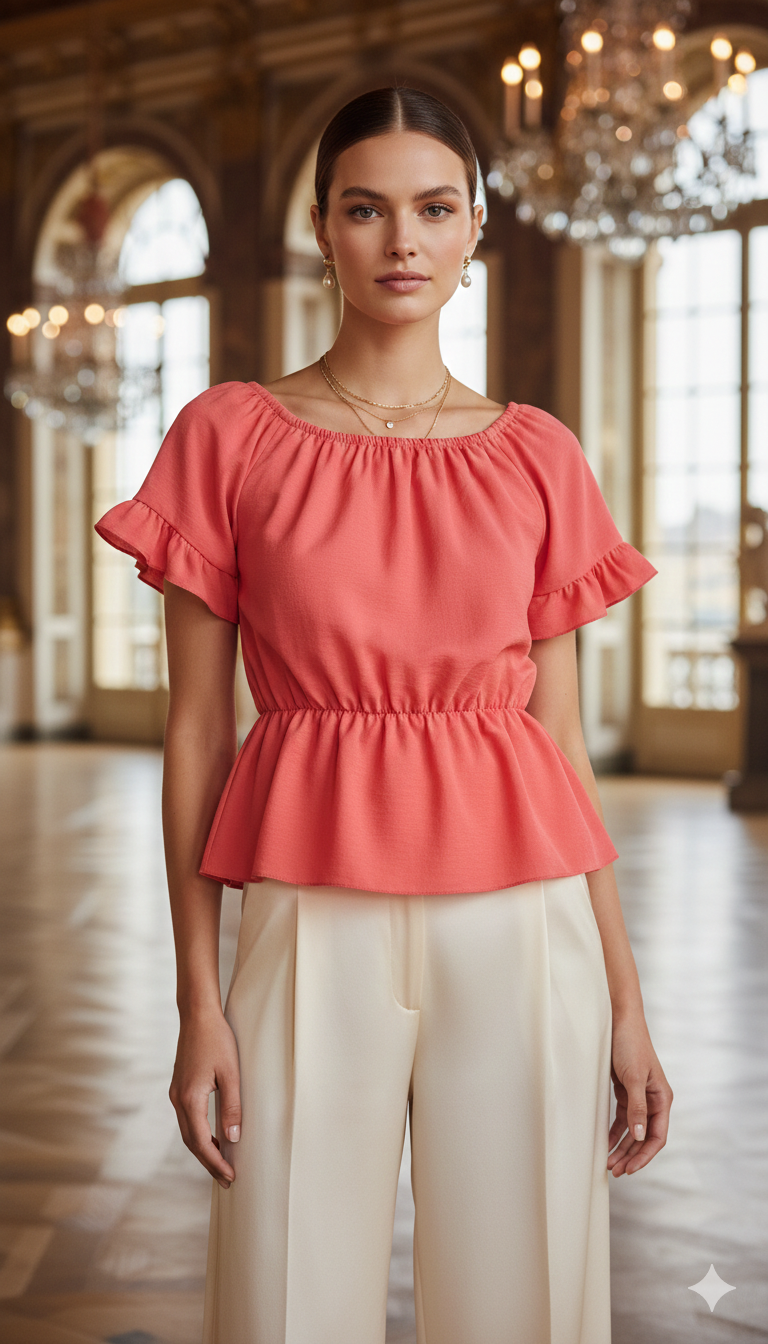 Model wearing a coral peplum top by Ashir Studio, showcasing the stylish neckline and fitted waist design.