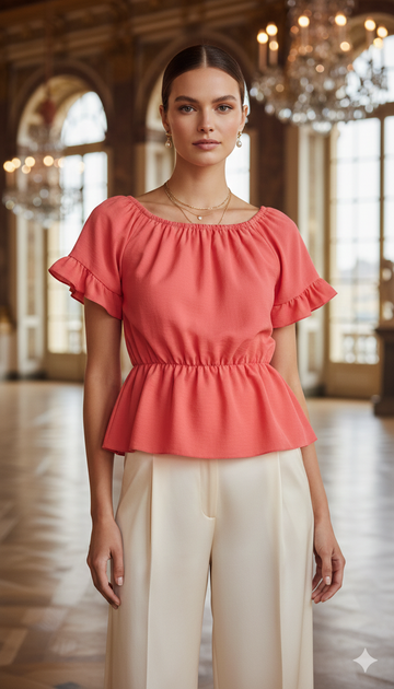 Model wearing a coral peplum top by Ashir Studio, showcasing the stylish neckline and fitted waist design.