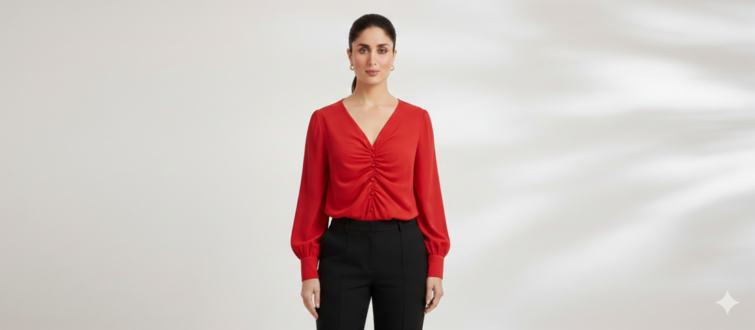 Model wearing the Crimson Whisper Shirt by Ashir Studio, showcasing the stylish cloth design and fit.