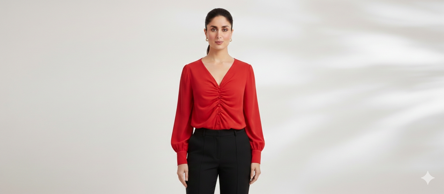 Model wearing the Crimson Whisper Shirt by Ashir Studio, showcasing the stylish cloth design and fit.