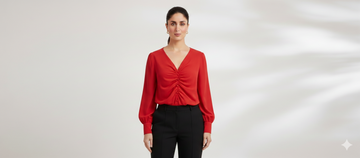 Model wearing the Crimson Whisper Shirt by Ashir Studio, showcasing the stylish cloth design and fit.