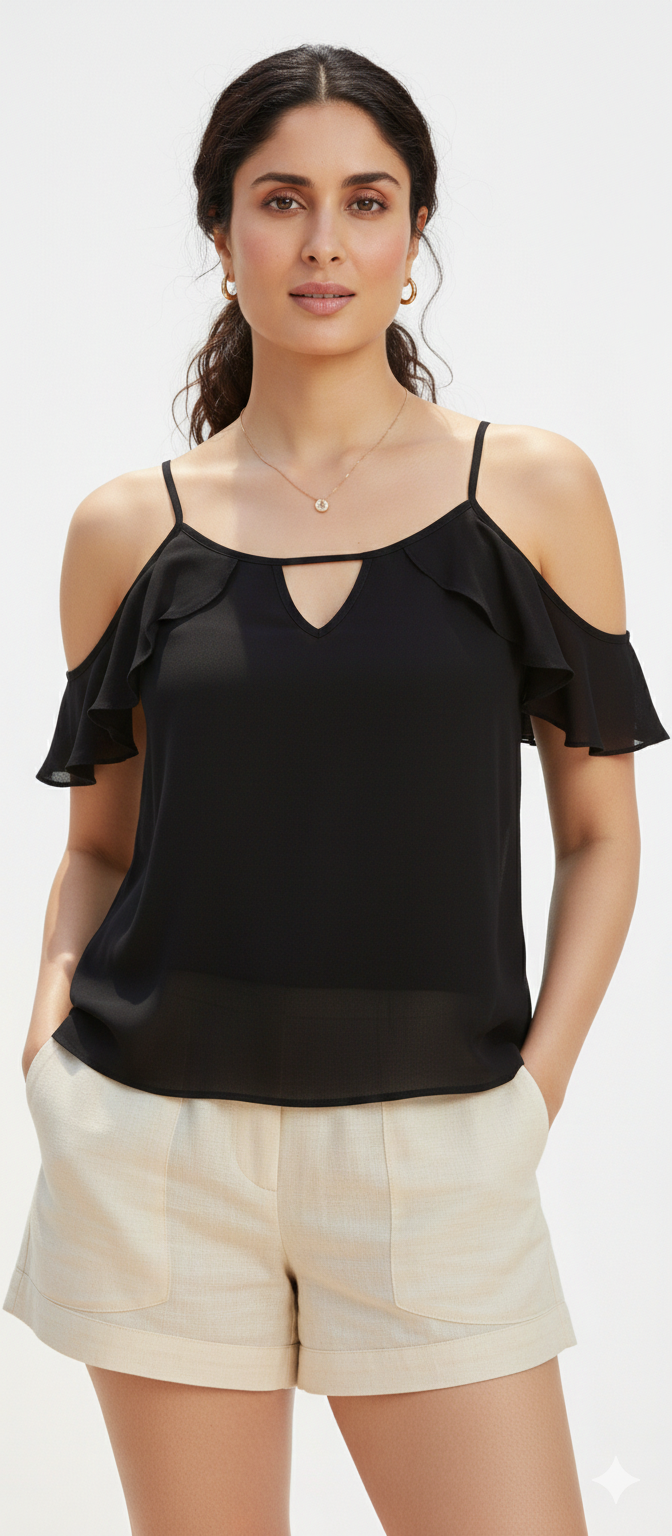 Black tank top from Ashir Studio worn by a model, showcasing a casual sleeveless clothing style.