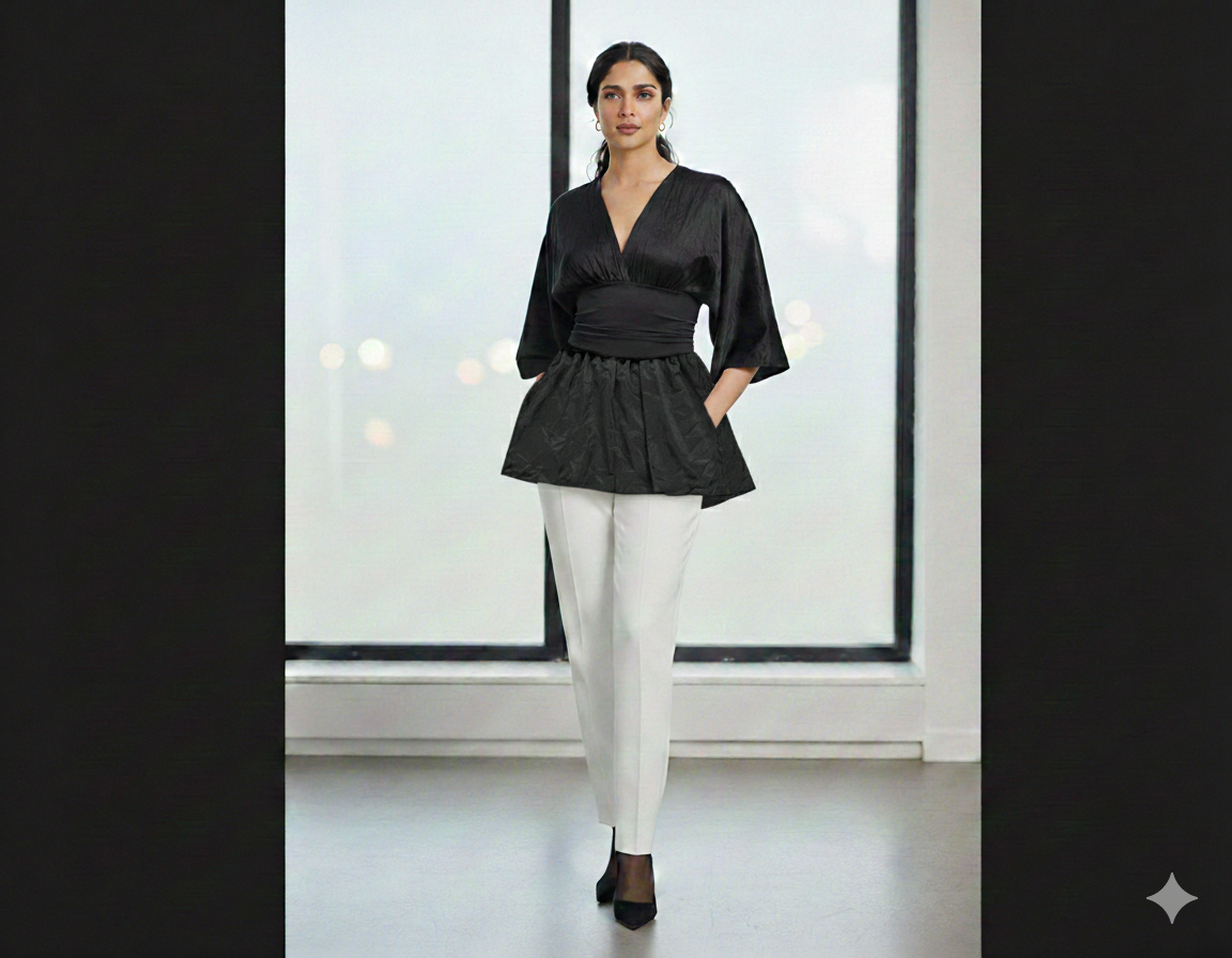 Model wearing Ashir Studio Midnight Onyx Tunic, a stylish black cloth with intricate details, showcased on a person.