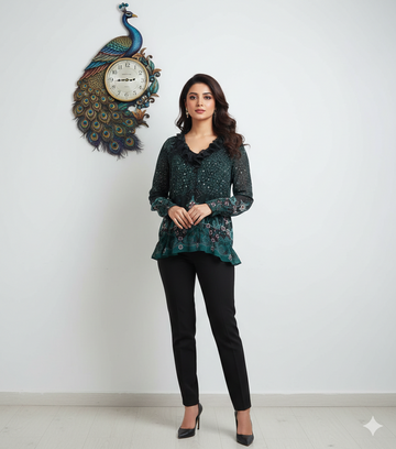 Ashir Studio Forest Whispers Blouse worn by a model, featuring elegant fabric and detailed design suitable for stylish casual wear.