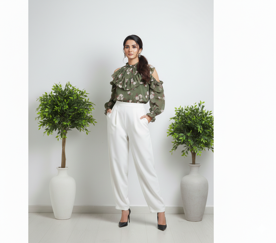 Model wearing Ashir Studio floral ruffle shirt with colorful floral pattern and ruffled details on the sleeves and collar.