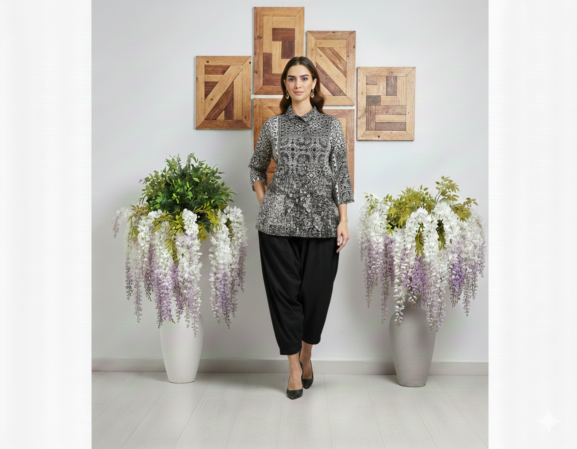 Model wearing the Ashir Studio Stardust Shirt in a stylish pose, showcasing the cloth's design and fit.