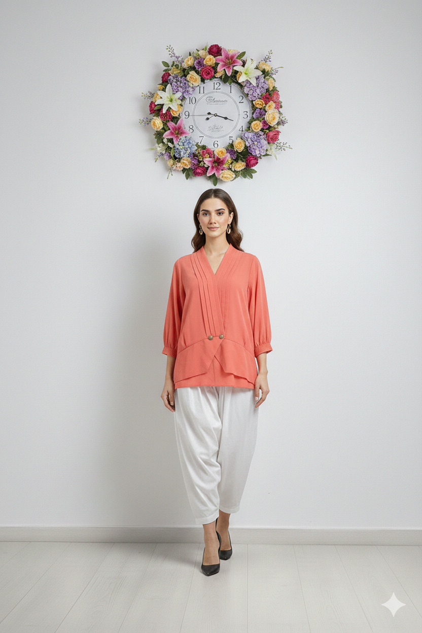 Model wearing Ashir Studio crossover blouse, featuring stylish design and comfortable fabric, shown in a front view.