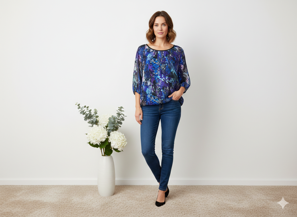 Ashir Studio mixed media crochet tunic displayed on a model, showcasing the intricate knit patterns and stylish design.